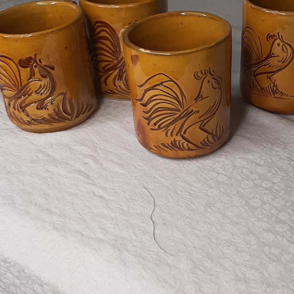 Vintage Redware folk Mugs x 4
